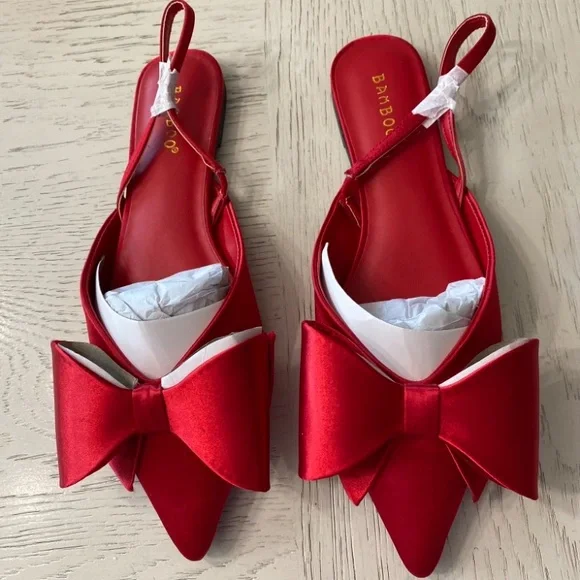 Bamboo Red Satin Bow Chic Pointed Toes Slingback Flats - Picture 1 of 4